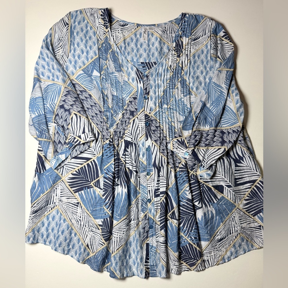 Ethyl Clothing Blue Tropical Palm Print Boho Blouse Women’s Large Flowy Top
